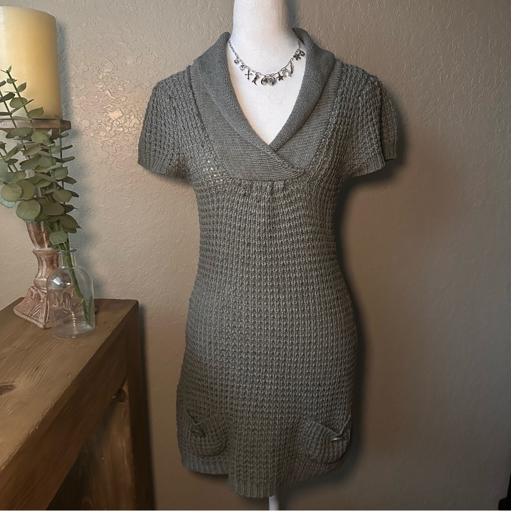 Papaya Chunky Knit Short Sleeve Sweater in Olive Gray